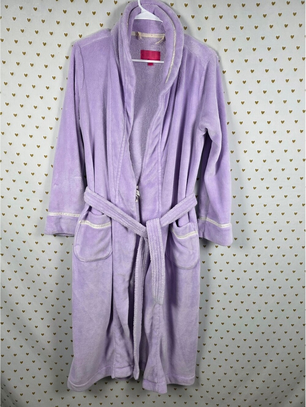 Victoria’s Secret Lavender Plush Long Robe Med Logo Trim Belted Pockets